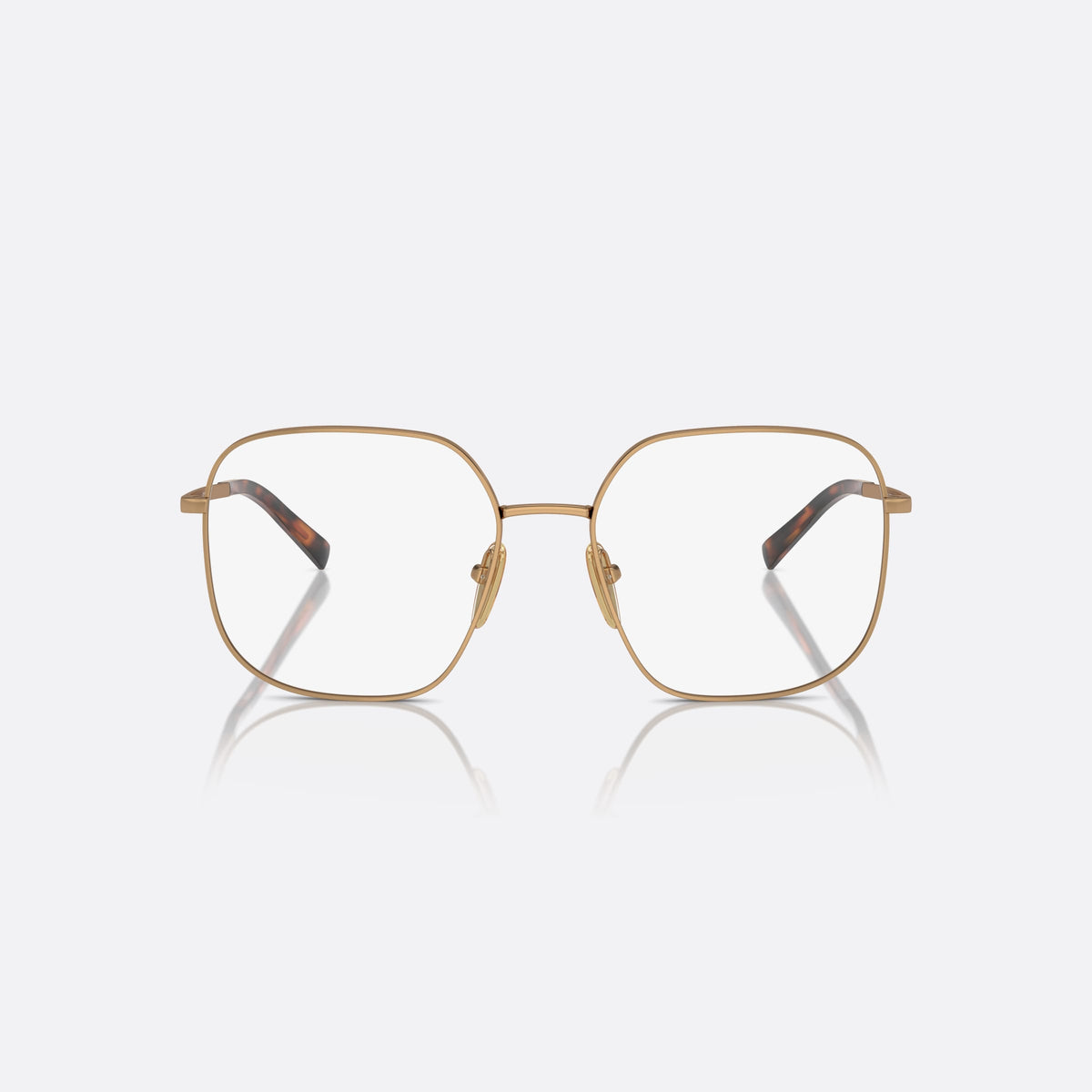 Rame ochelari de vedere Prada PR A59V 7OE1O1, geometrica maro, pentru femei, punte tip șa cu bară metalică, literele brandului pe brațe, vedere din față