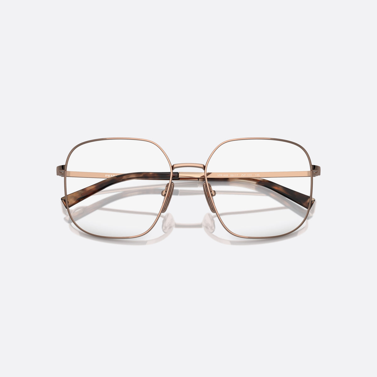 Rame ochelari de vedere Prada PR A59V ZVF1O1, geometrica auriu, pentru femei, punte tip șa cu metal, literele brandului pe brațe, cu brațele pliate