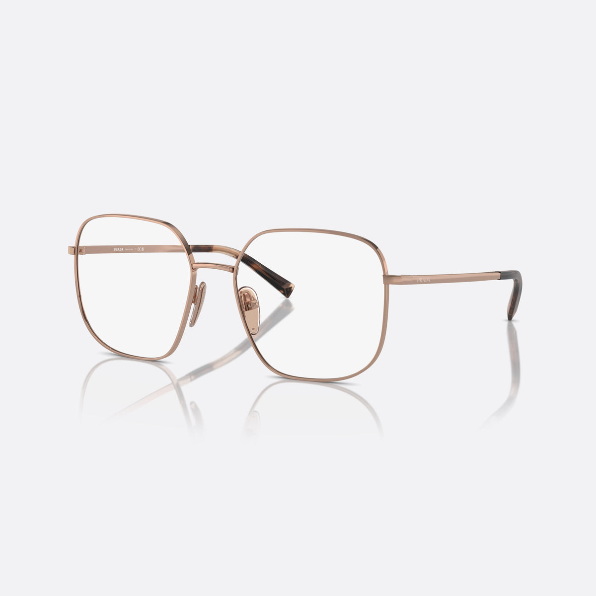 Rame ochelari de vedere Prada PR A59V ZVF1O1, geometrica auriu, pentru femei, punte tip șa cu bară metalică, literele brandului pe brațe