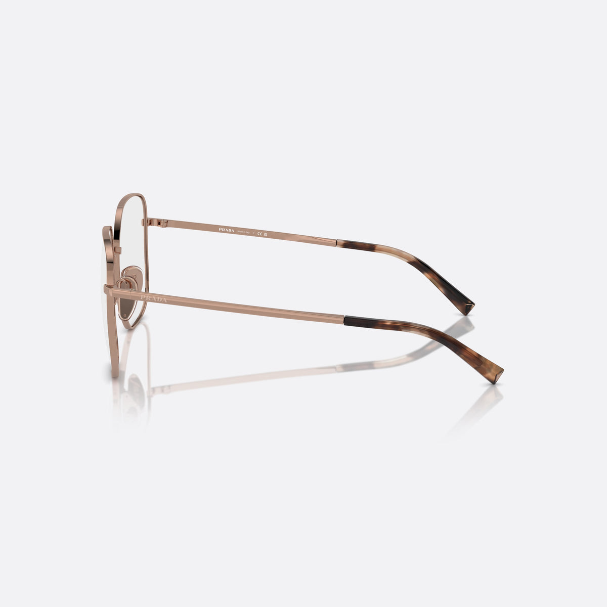 Rame ochelari de vedere Prada PR A59V ZVF1O1, geometrica auriu, pentru femei, punte tip șa cu bară metalică, literele brandului pe brațe, vedere laterală
