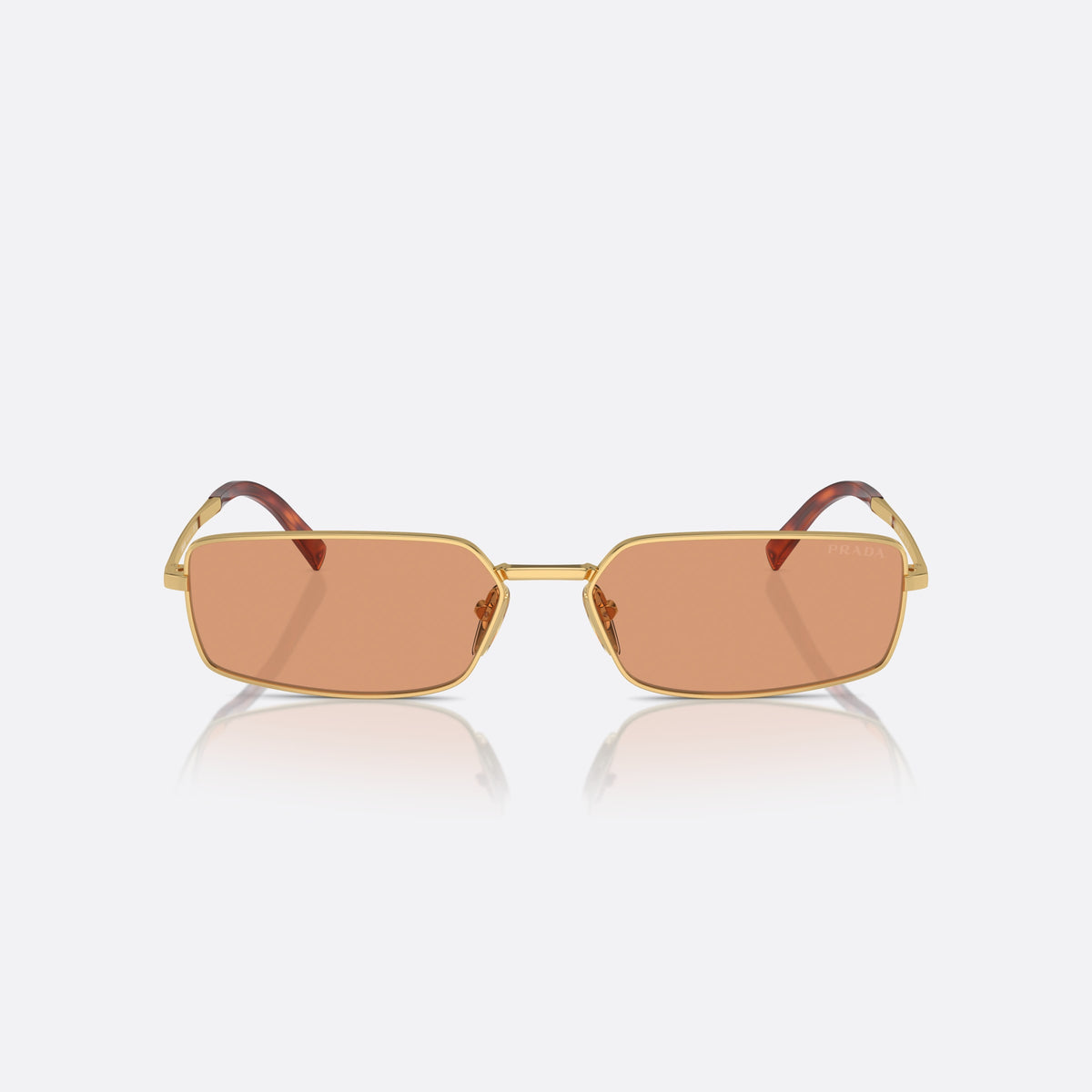 Prada PR A60S 5AK07V sunglasses, gold squared frame for women, plain metal bridge, brand lettering on temples, front view