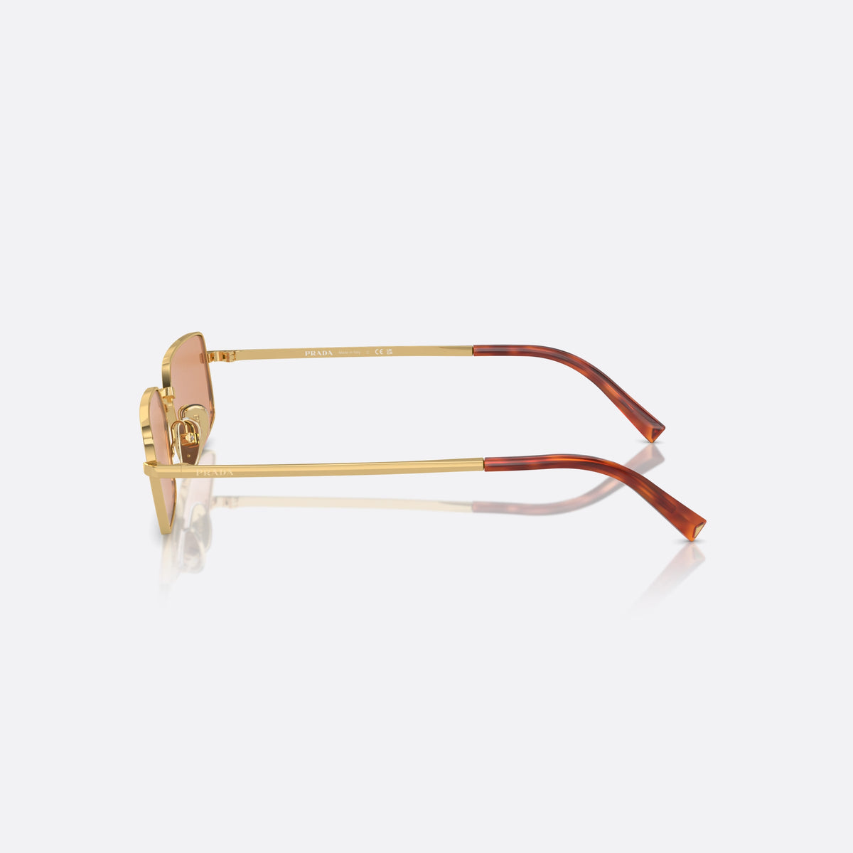 Prada PR A60S 5AK07V sunglasses, gold squared frame for women, plain metal bridge, brand lettering on temples, side view