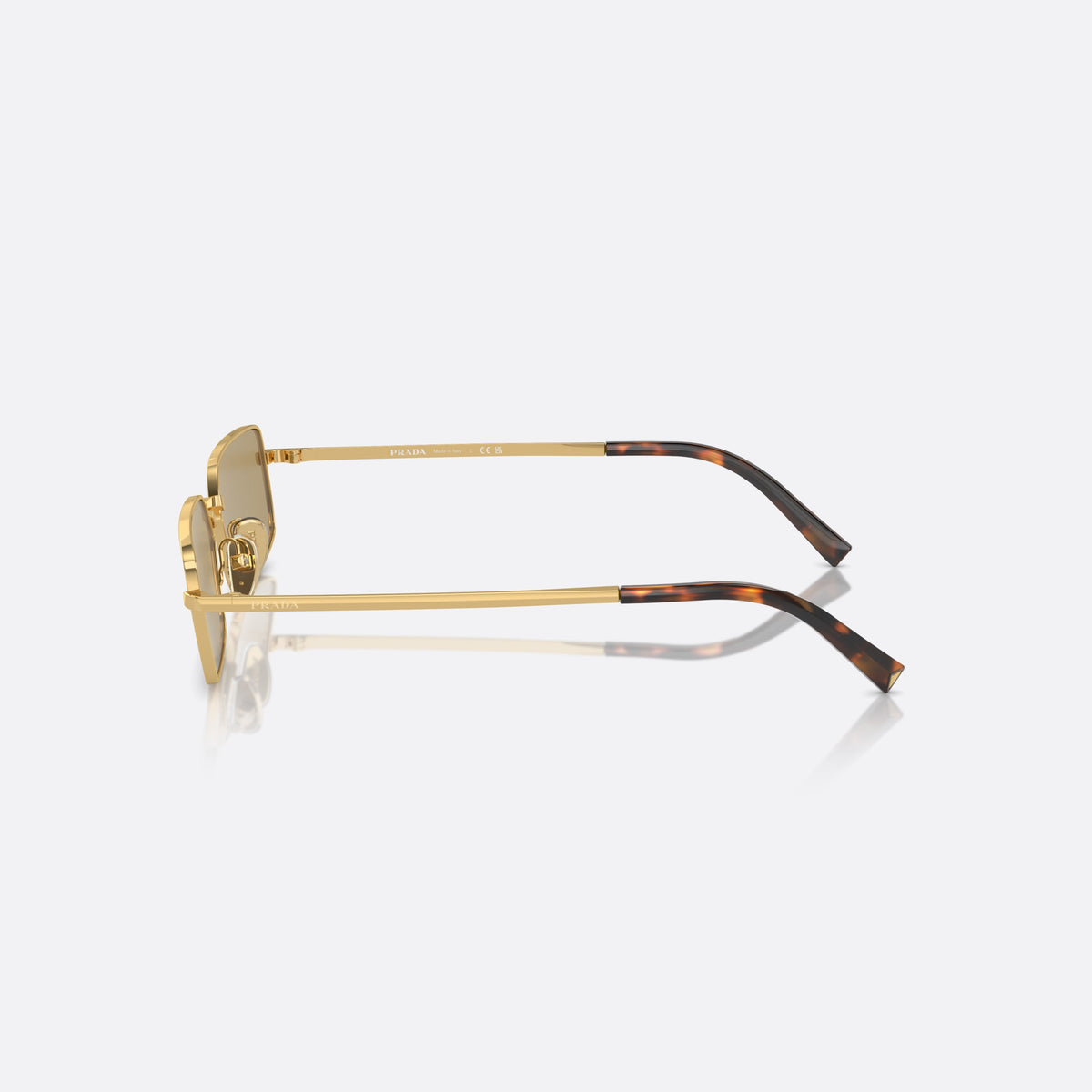 Prada PR A60S 5AK70G sunglasses, gold rectangle frame for women, plain metal bridge, brand lettering on the temples, side view