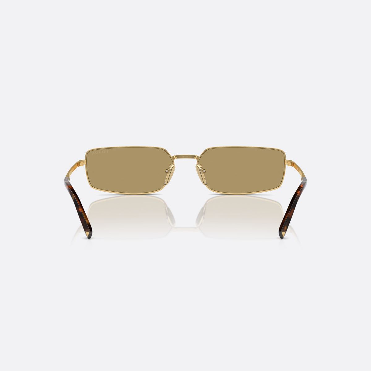 Prada PR A60S 5AK70G sunglasses, gold rectangle frame for women, plain metal bridge, brand lettering on the temples, back view