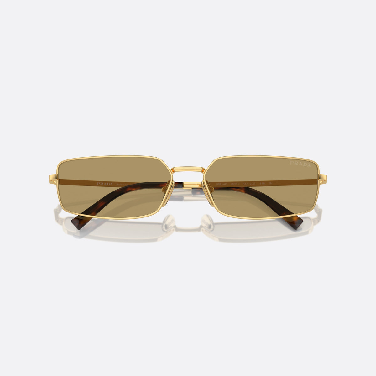 Prada PR A60S 5AK70G sunglasses, gold rectangle frame for women, plain metal bridge, brand lettering on the temples, folded