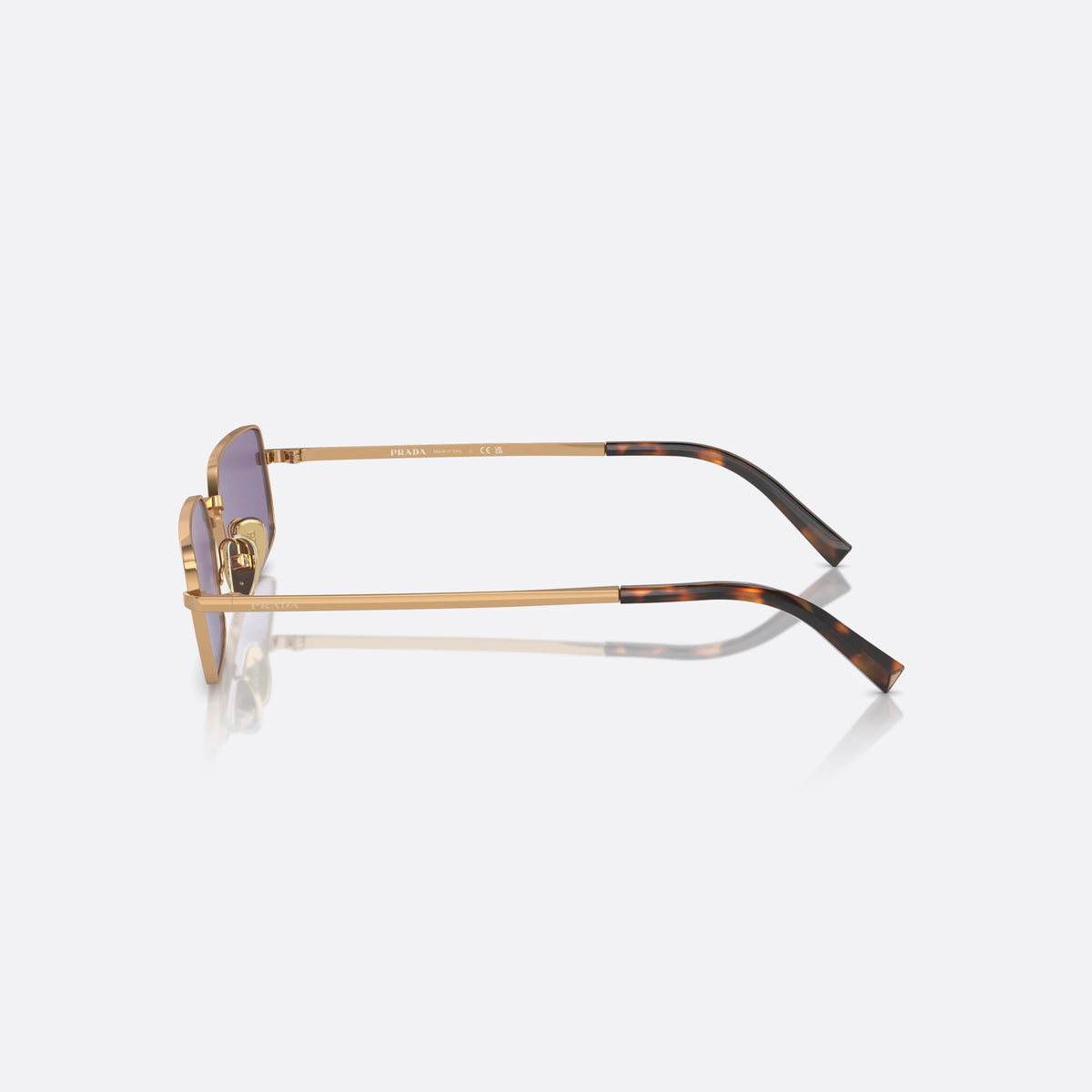 Prada PR A60S 7OE01O sunglasses, gold squared frame for women, plain metal bridge, brand lettering on lens, side view