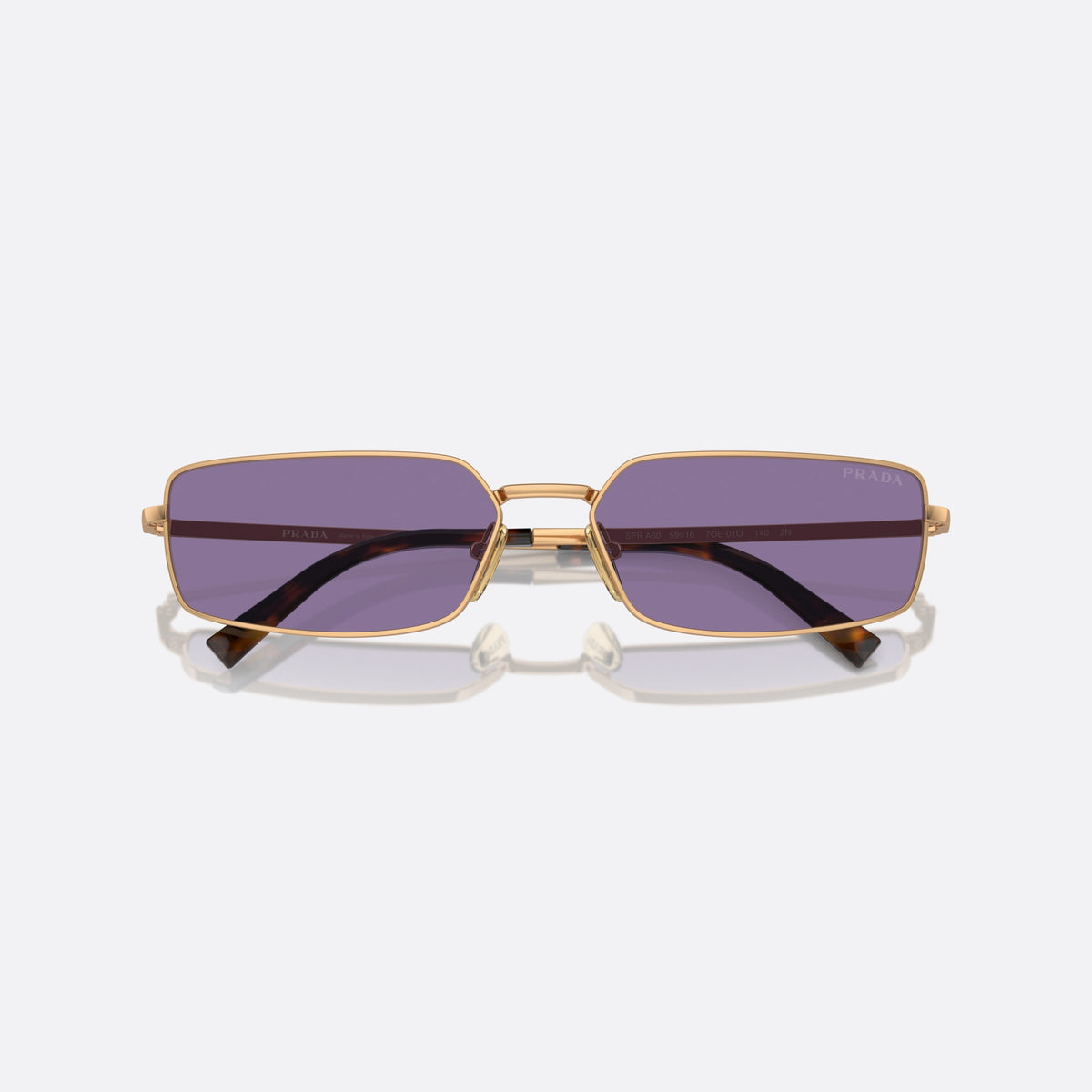 Prada PR A60S 7OE01O sunglasses, gold squared frame for women, plain metal bridge, brand lettering on lens, folded
