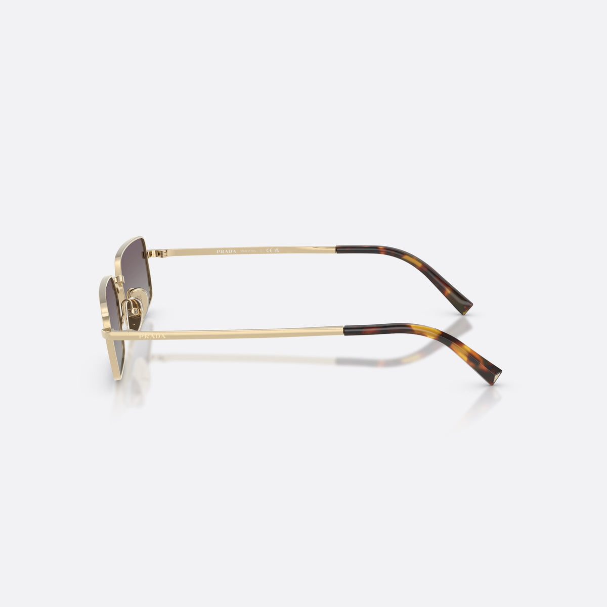 Prada PR A60S ZVN30C sunglasses, gold rectangle frame for women, double metal bridge, brand lettering on temples, side view