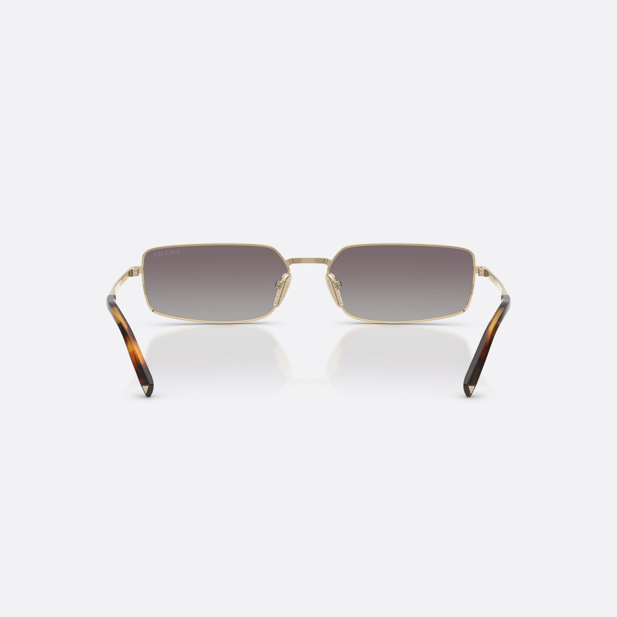 Prada PR A60S ZVN30C sunglasses, gold rectangle frame for women, double metal bridge, brand lettering on temples, back view