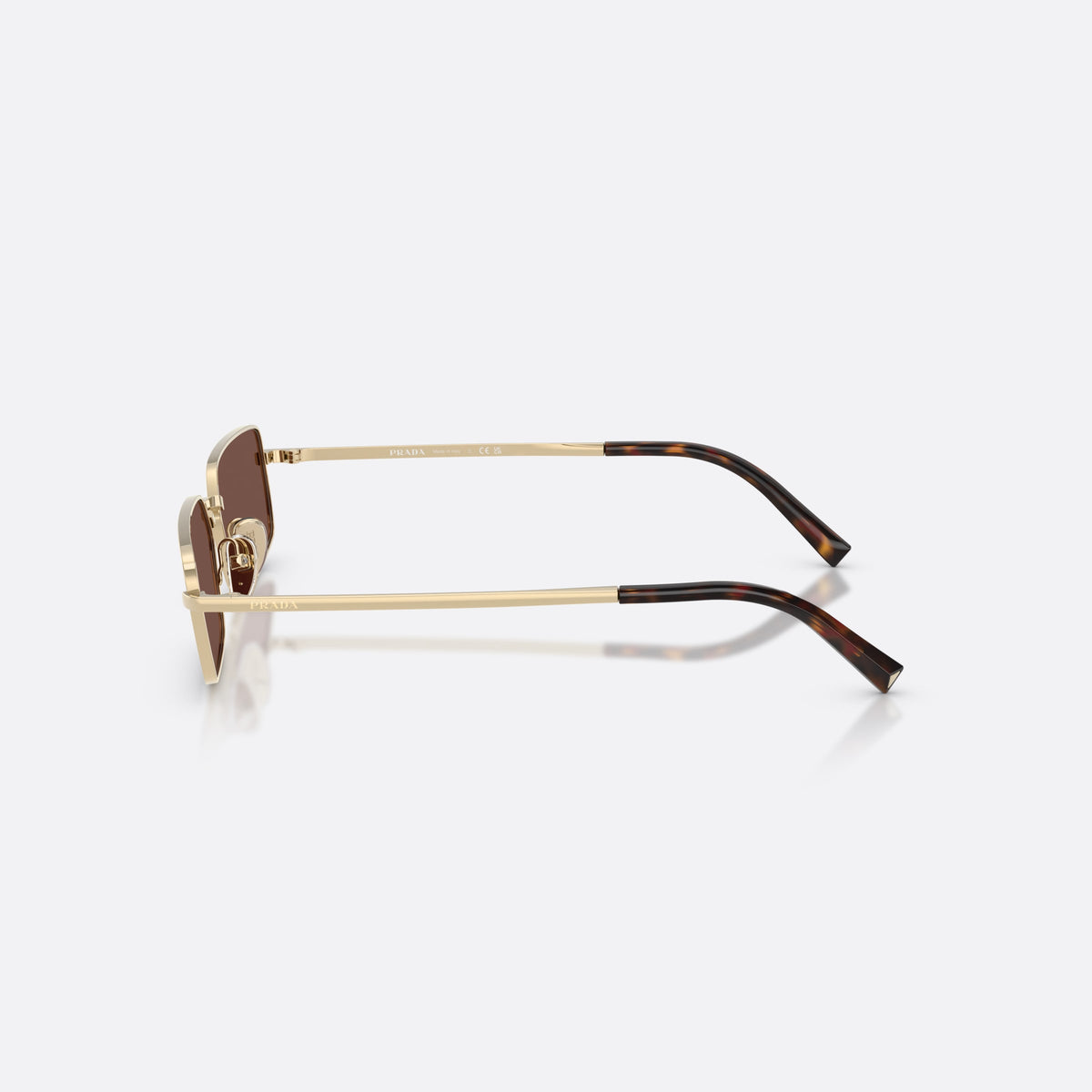 Prada PR A60S ZVN80T sunglasses, gold rectangle frame for women, thin straight metal bridge, brand lettering on the temples, side view