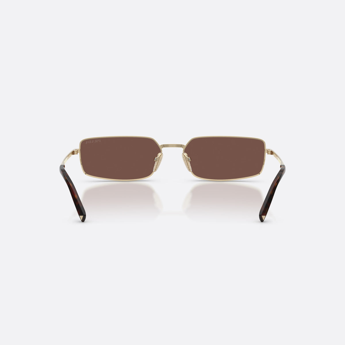 Prada PR A60S ZVN80T sunglasses, gold rectangle frame for women, thin straight metal bridge, brand lettering on the temples, back view