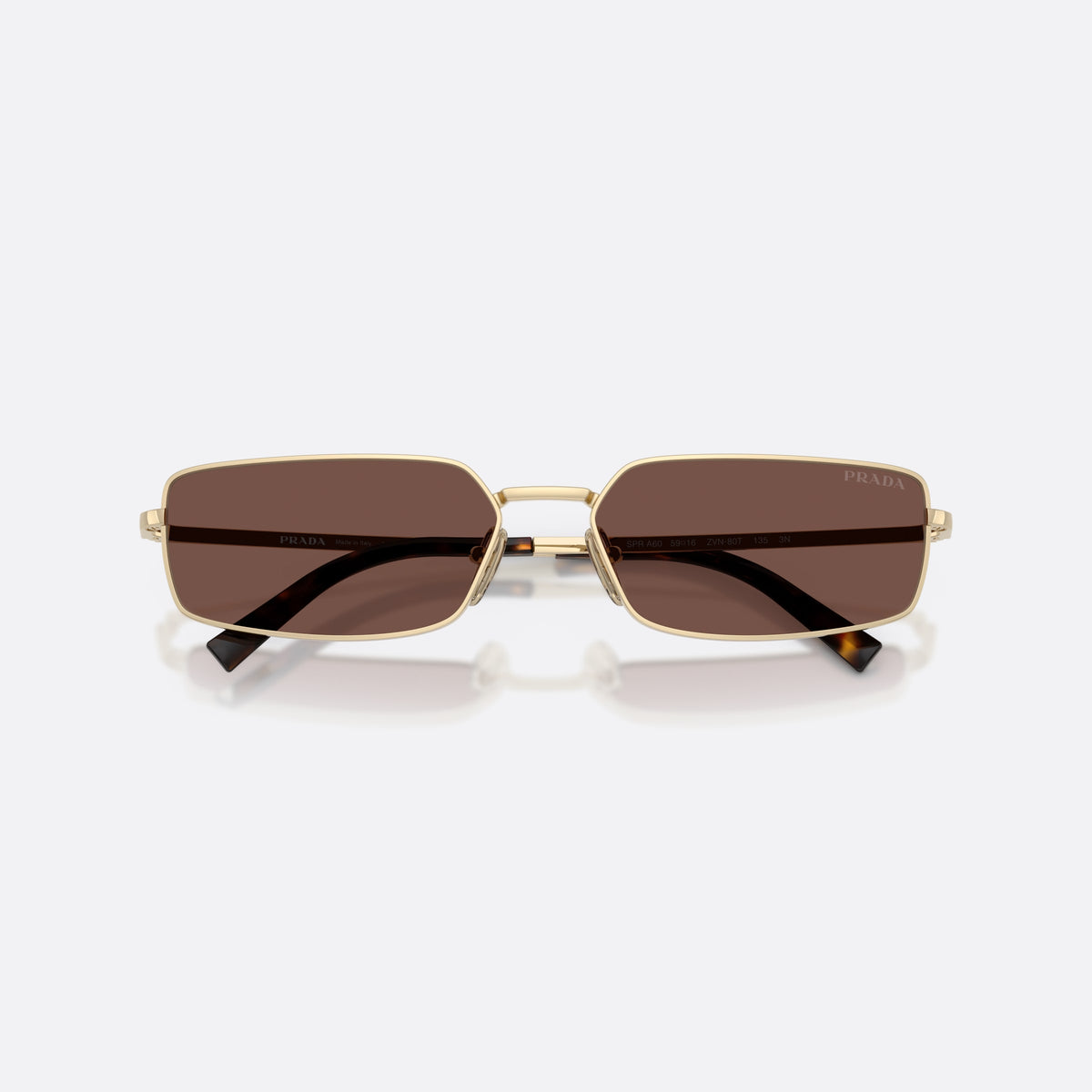 Prada PR A60S ZVN80T sunglasses, gold rectangle frame for women, thin straight metal bridge, brand lettering on the temples, folded