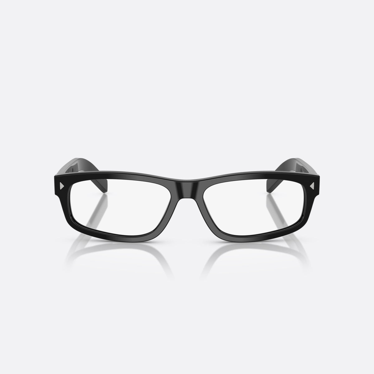Prada PR B02V 16K1O1 eyeglasses, black squared frame for men, plain saddle bridge, brand lettering on temples, front view