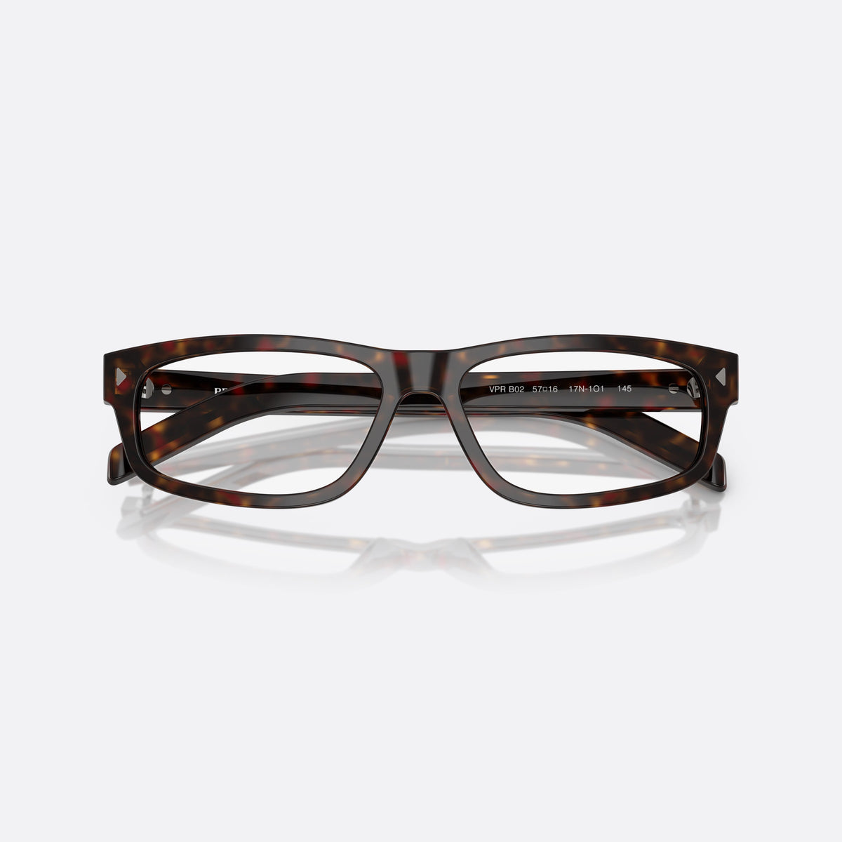 Prada PR B02V 17N1O1 eyeglasses, havana squared frame for men, plain bridge, integrated into front, full-rim frame, folded