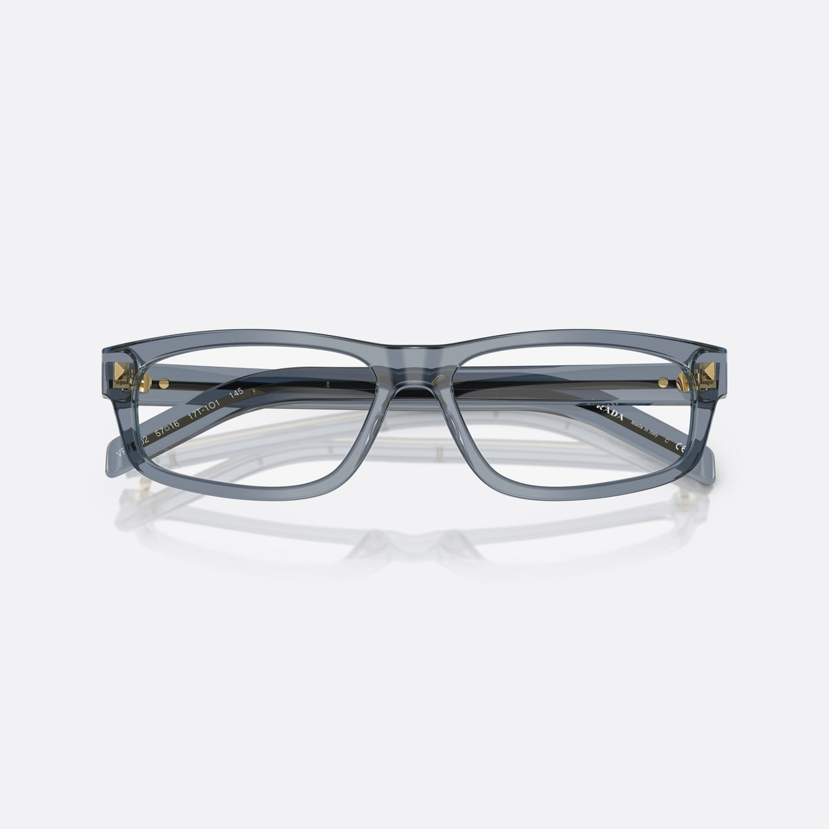 Prada PR B02V 17T1O1 eyeglasses, grey squared frame for men, plain bridge, brand lettering on temple, folded