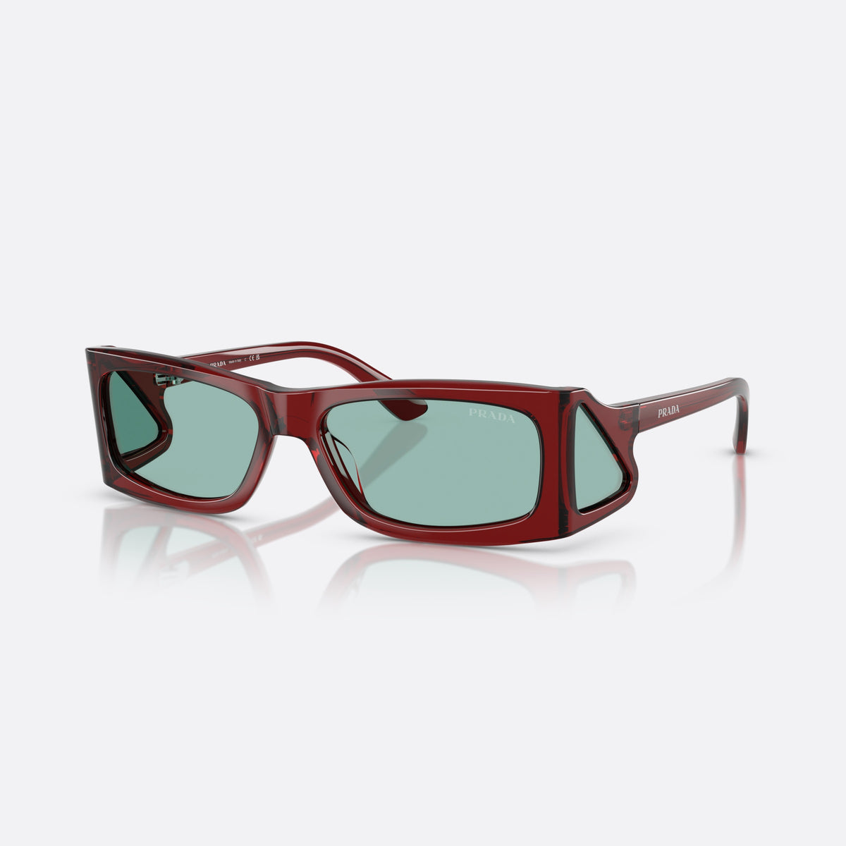 Prada PR B03S 12Z40K TOGR sunglasses, red rectangle frame for men, plain bridge, brand lettering on temples, full-rim frame