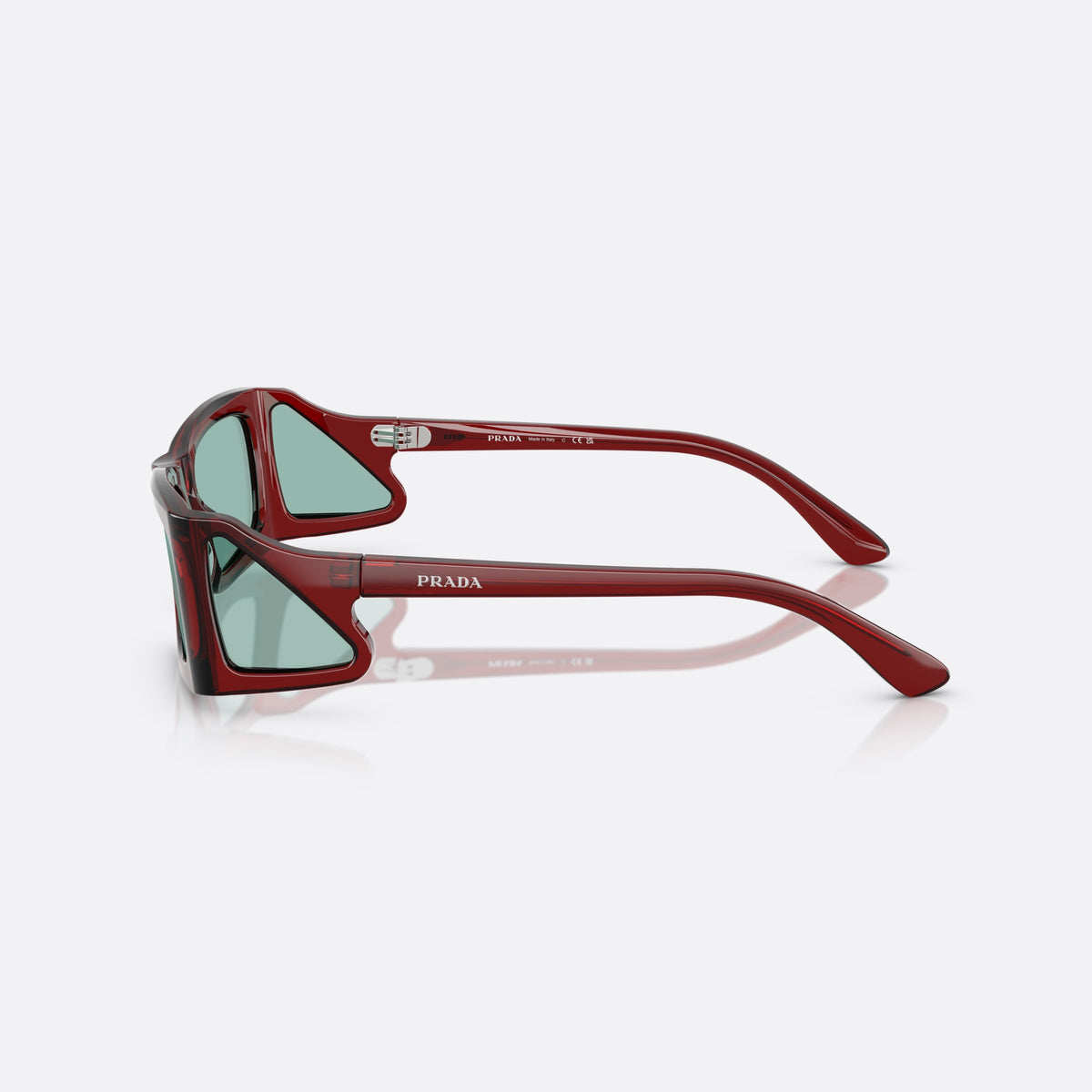 Prada PR B03S 12Z40K TOGR sunglasses, red rectangle frame for men, plain bridge, brand lettering on temples, full-rim frame, side view