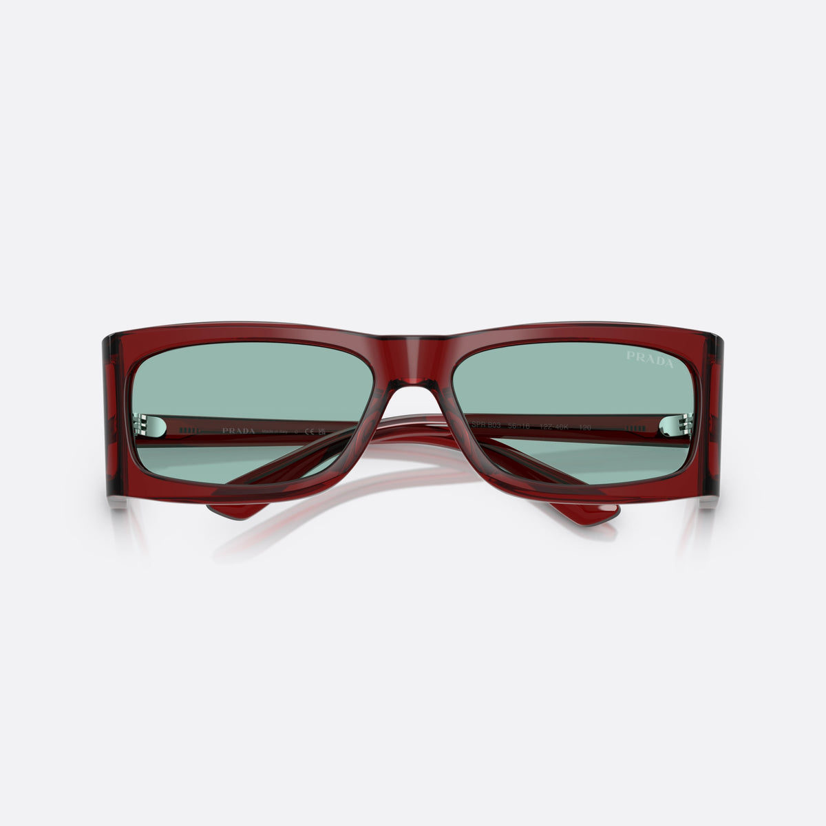 Prada PR B03S 12Z40K TOGR sunglasses, red rectangle frame for men, plain bridge, brand lettering on temples, full-rim frame, folded