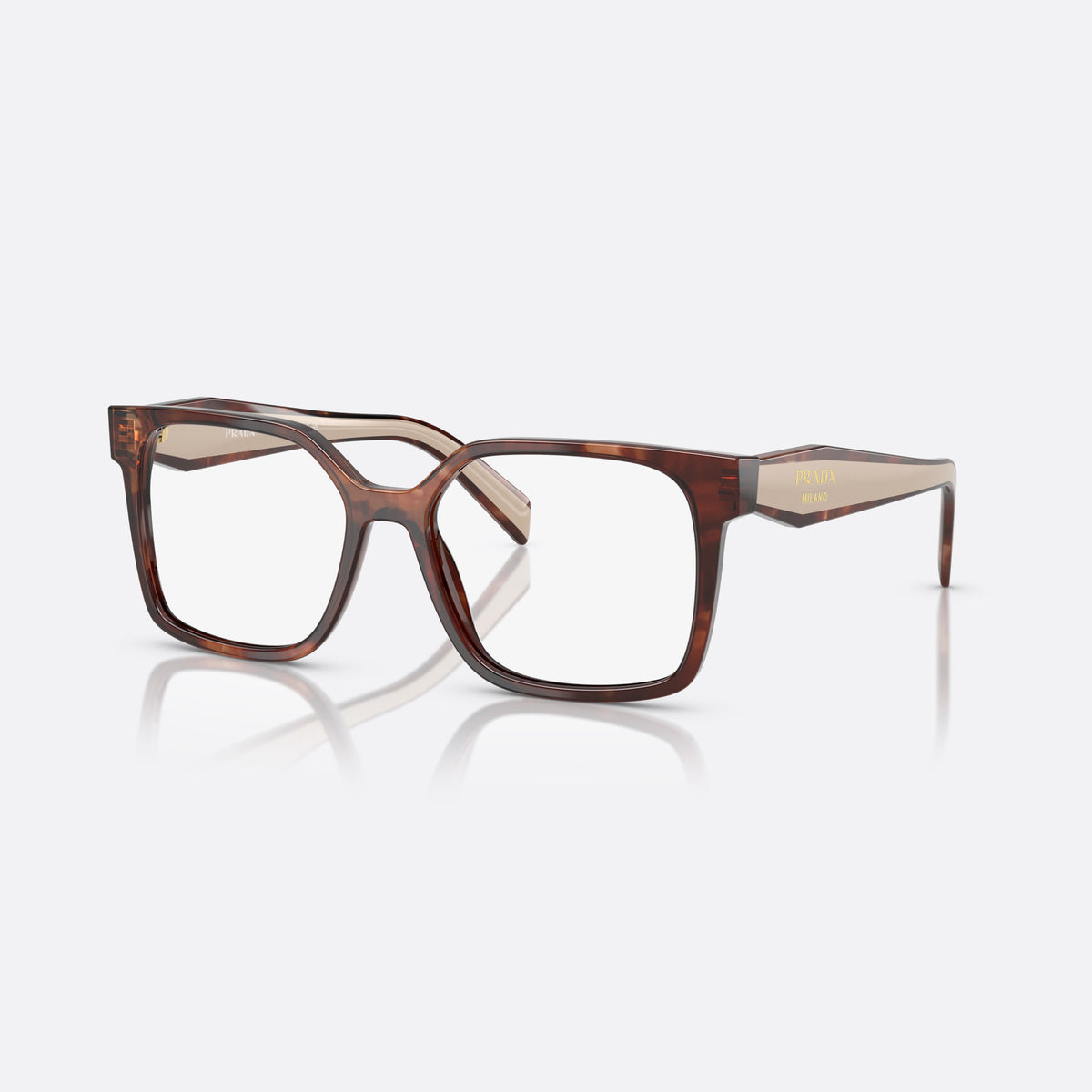 Prada PR B03V 07R1O1 eyeglasses, havana visor frame for women, keyhole bridge, brand lettering on the temples