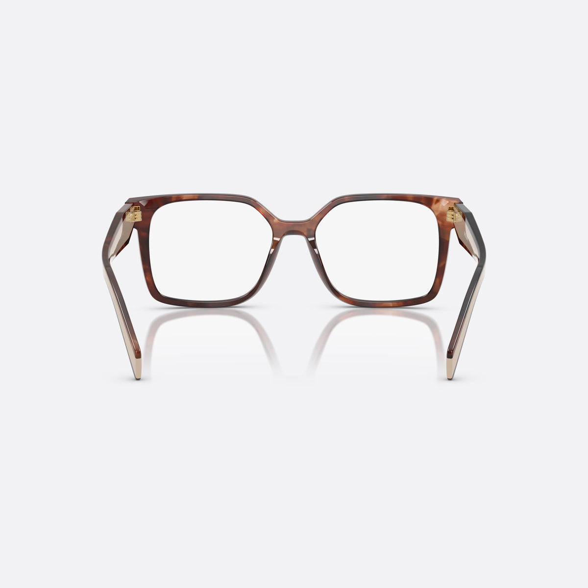 Prada PR B03V 07R1O1 eyeglasses, havana visor frame for women, keyhole bridge, brand lettering on the temples, back view