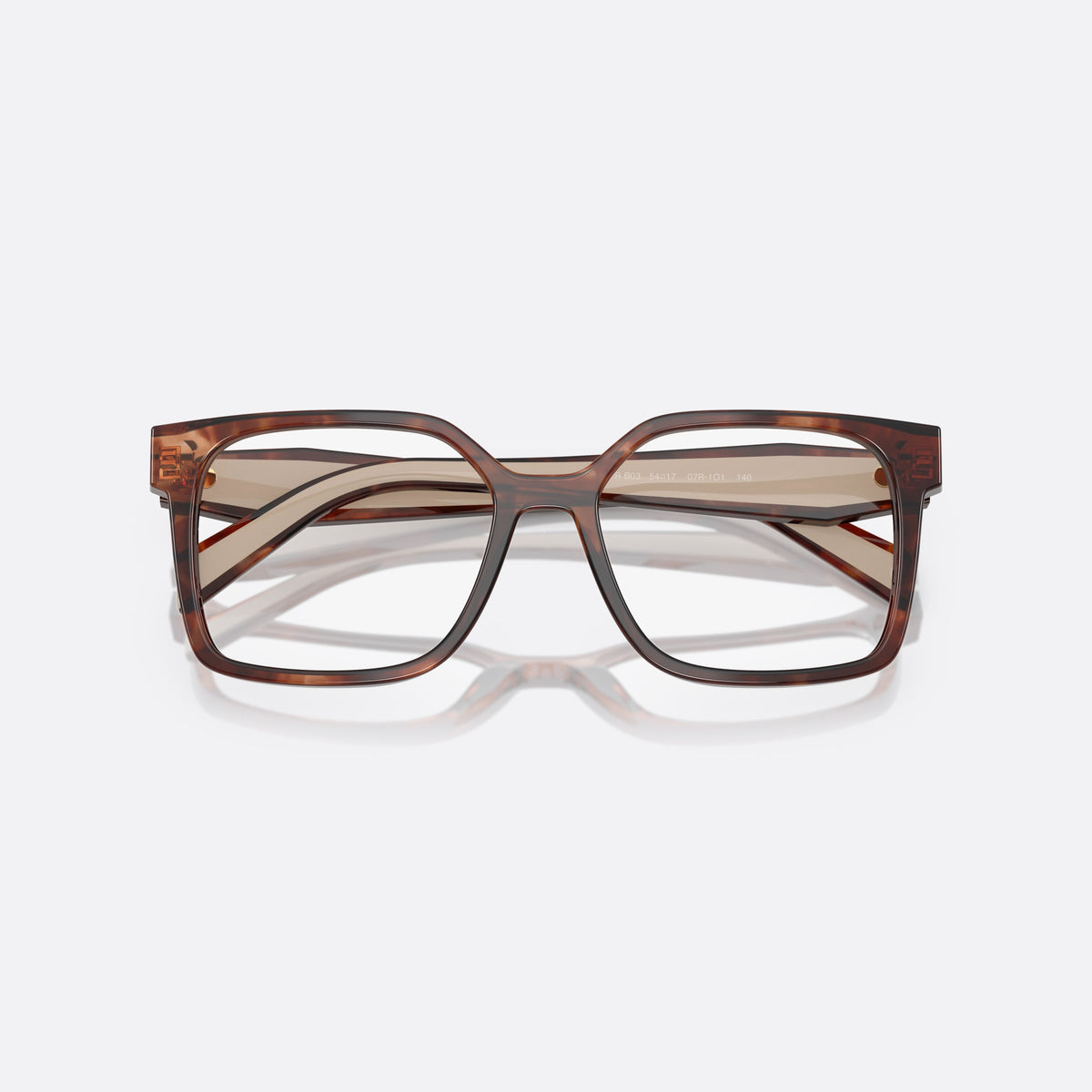Prada PR B03V 07R1O1 eyeglasses, havana visor frame for women, keyhole bridge, brand lettering on the temples, folded