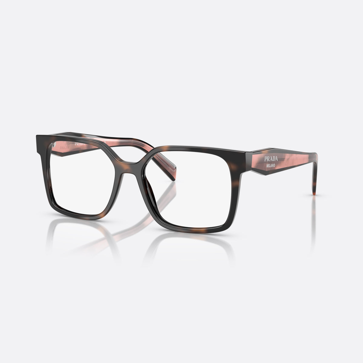Prada PR B03V 23A1O1 eyeglasses, havana visor frame for women, plain acetate bridge, brand lettering on the temples