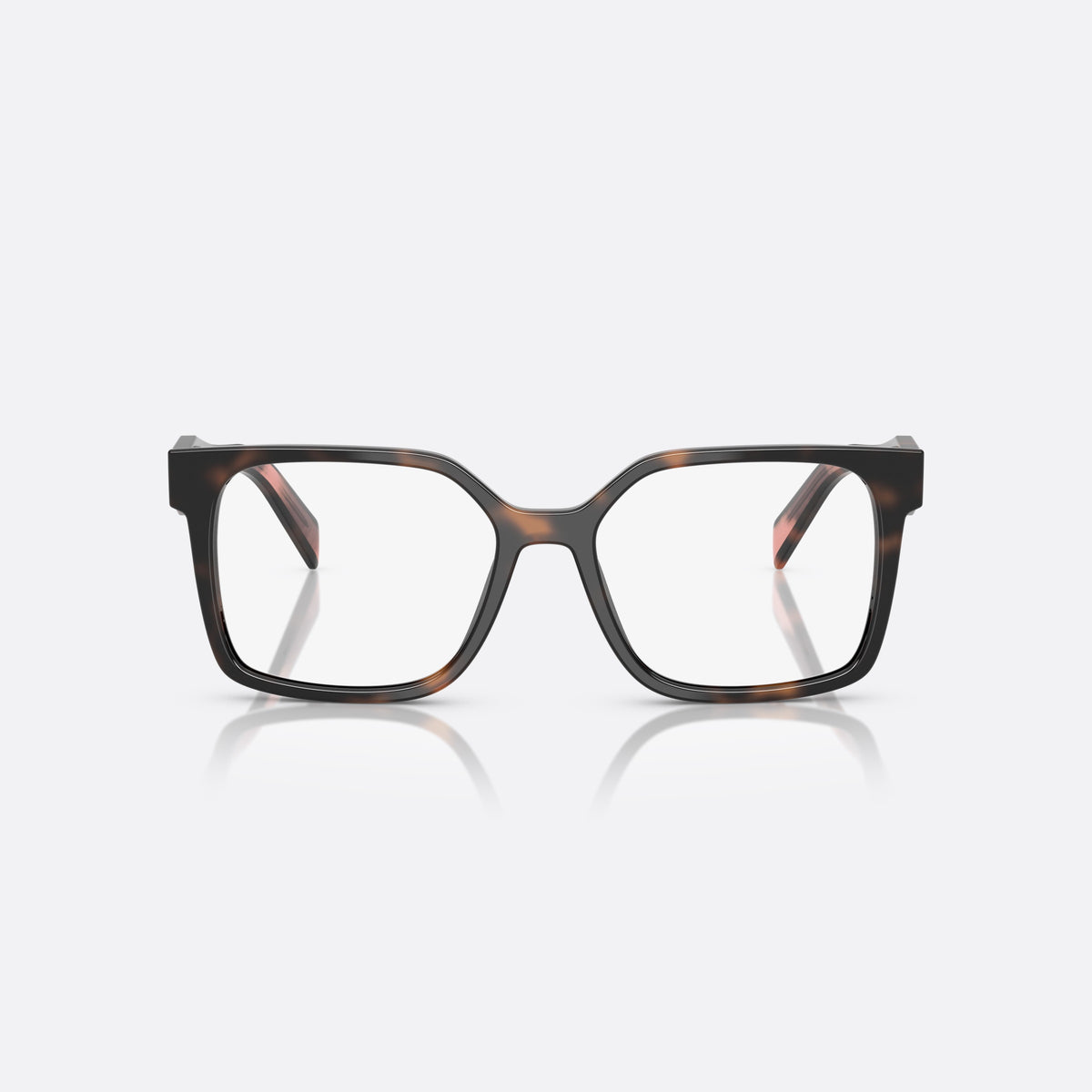 Prada PR B03V 23A1O1 eyeglasses, havana visor frame for women, plain acetate bridge, brand lettering on the temples, front view