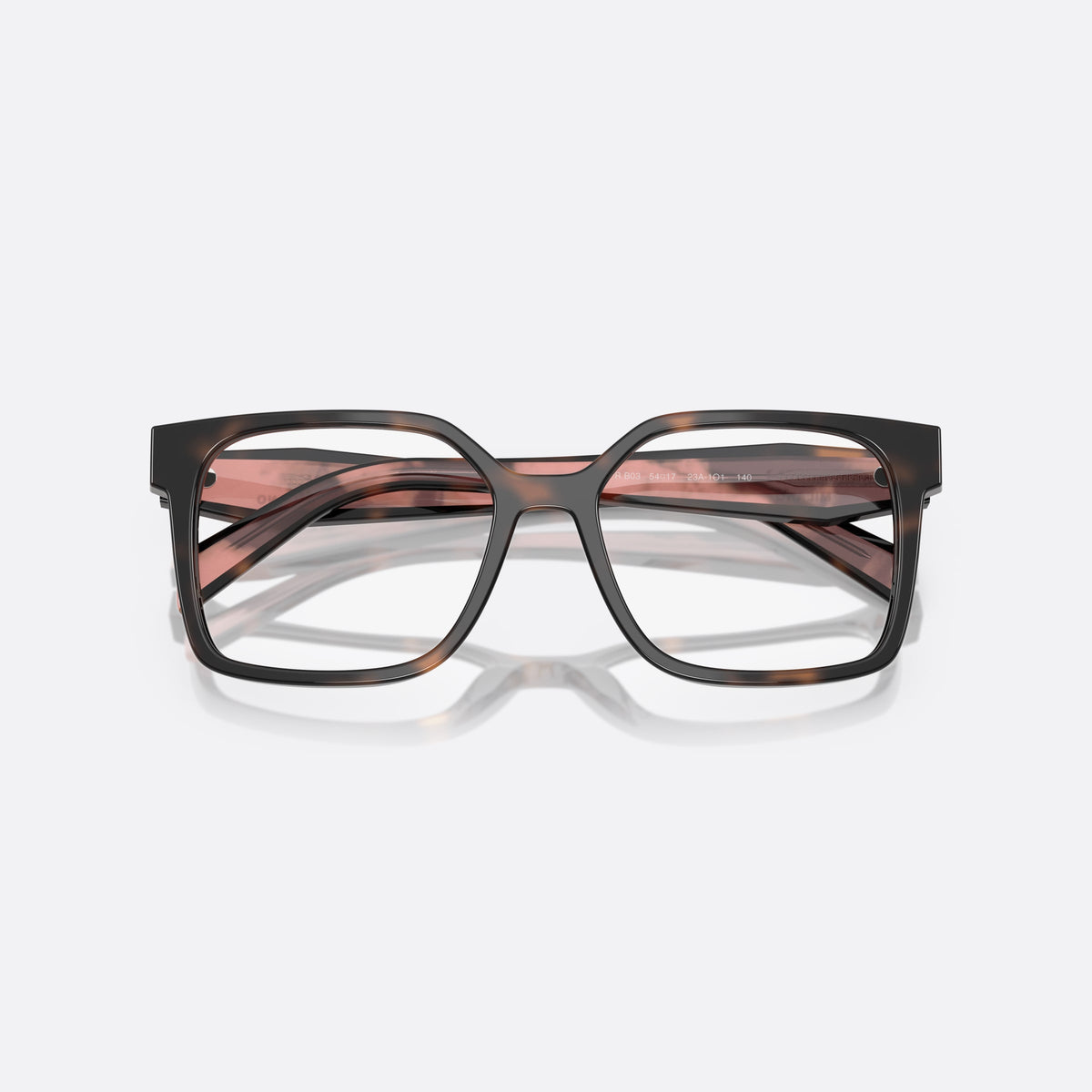 Prada PR B03V 23A1O1 eyeglasses, havana visor frame for women, plain acetate bridge, brand lettering on the temples, folded
