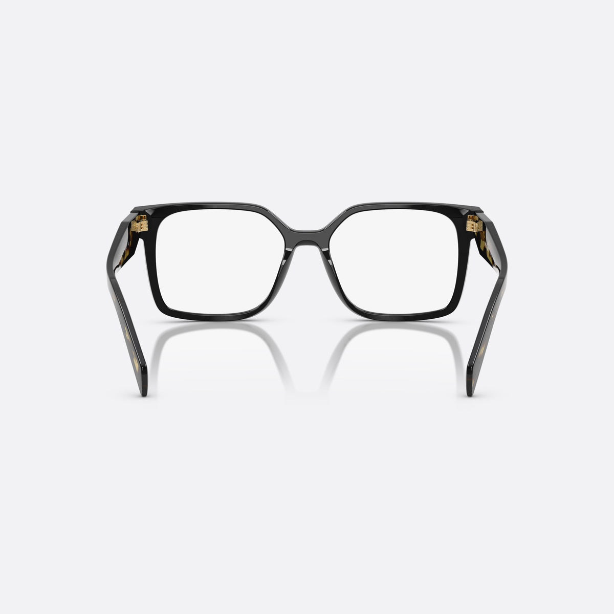 Prada PR B03V 3891O1 eyeglasses, black rectangle frame for women, plain integrated bridge, brand lettering on the temples, back view