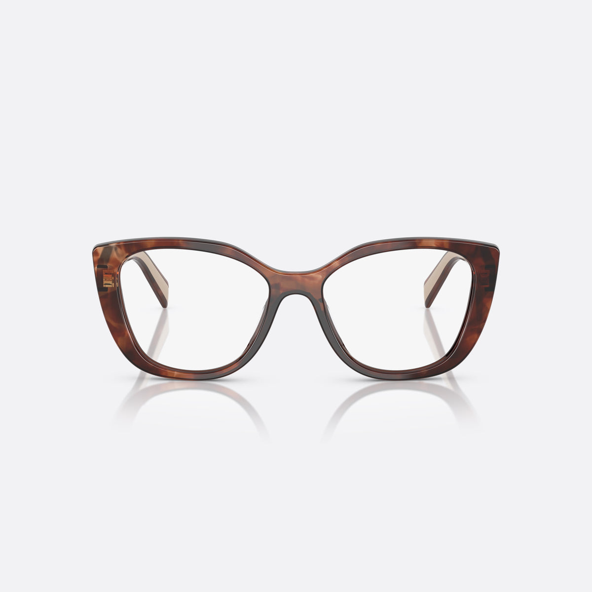 Prada PR B04V 07R1O1 eyeglasses, havana visor frame for women, plain acetate bridge, brand lettering on temples, front view