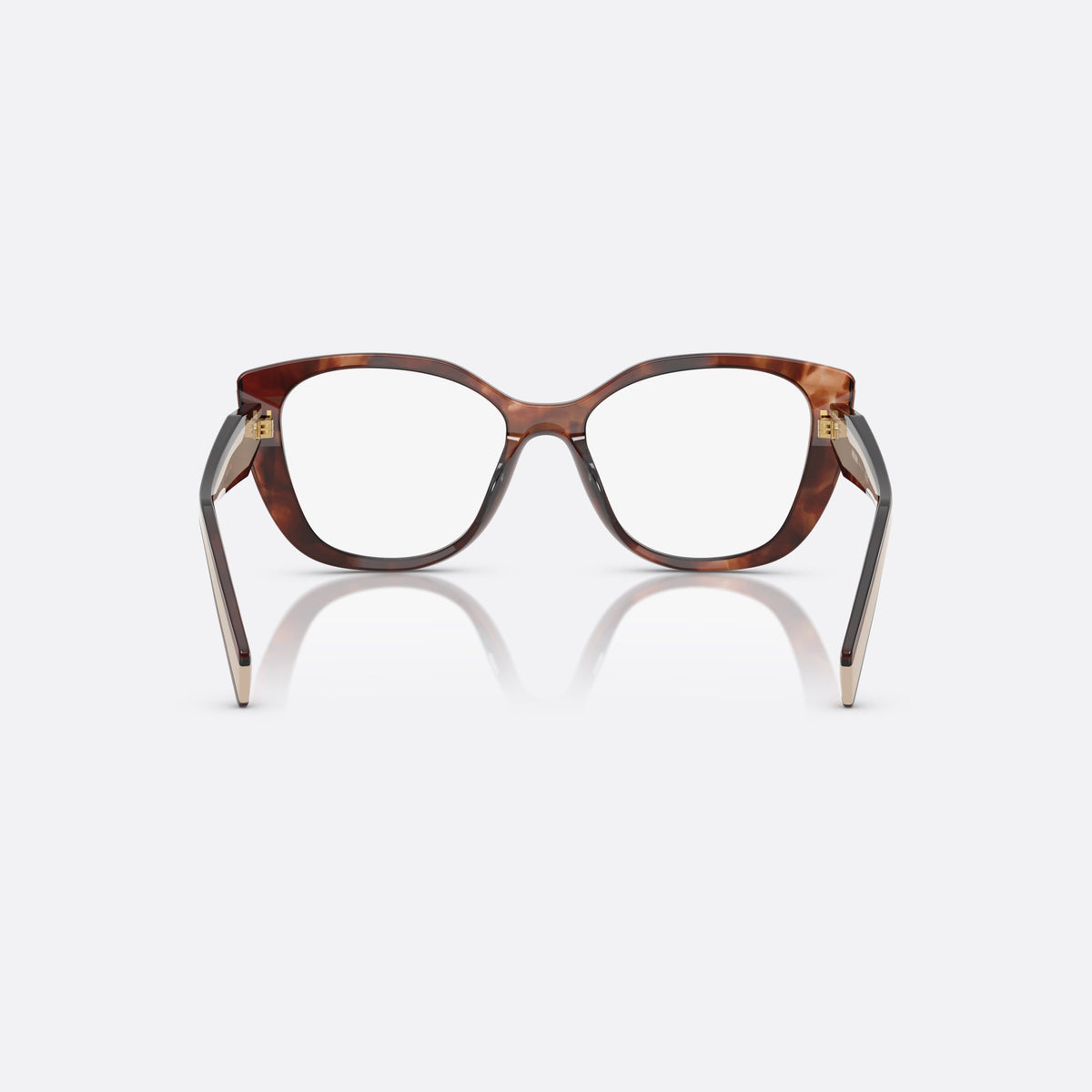 Prada PR B04V 07R1O1 eyeglasses, havana visor frame for women, plain acetate bridge, brand lettering on temples, back view