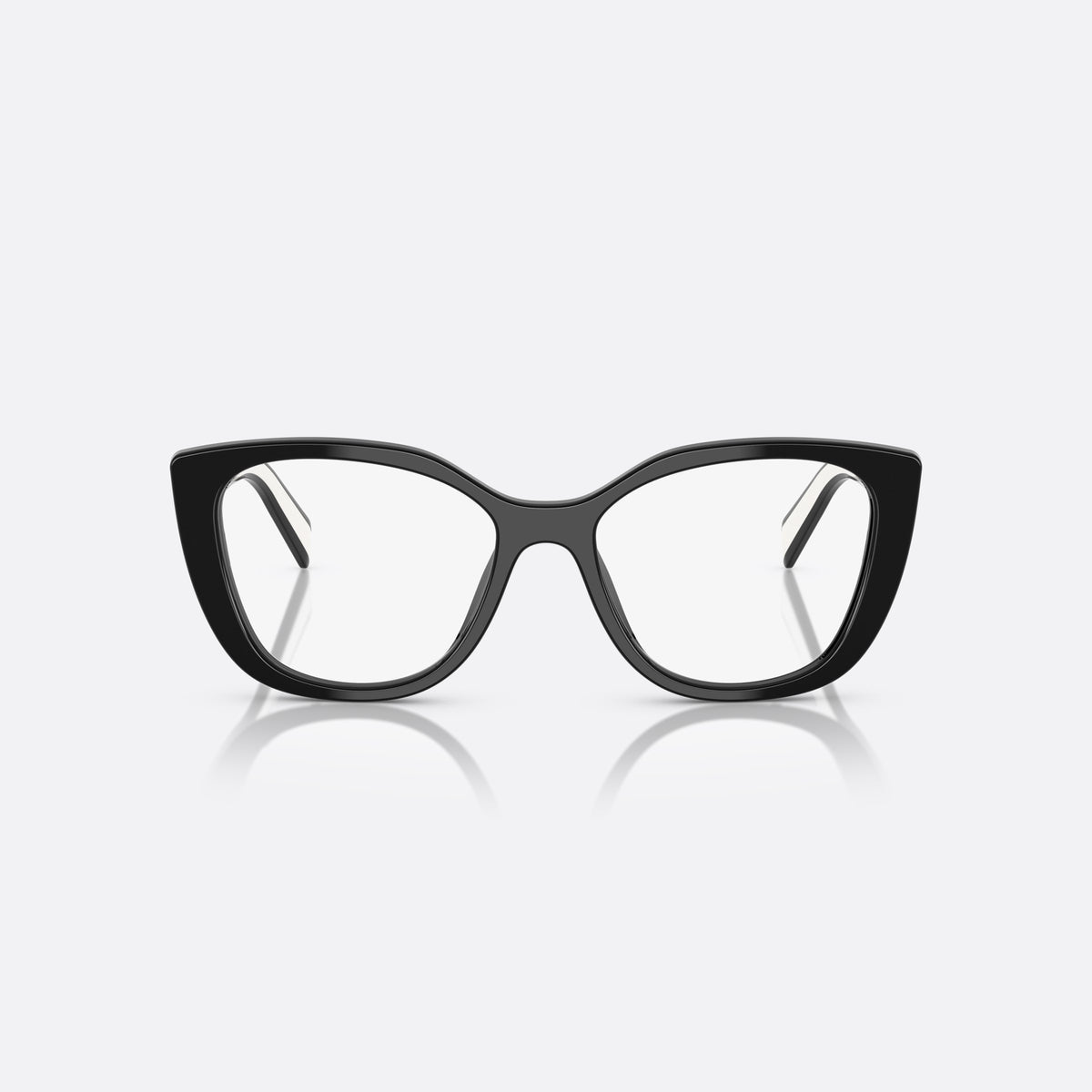 Prada PR B04V 16K1O1 eyeglasses, black visor frame for women, integrated bridge, brand lettering on temples, front view