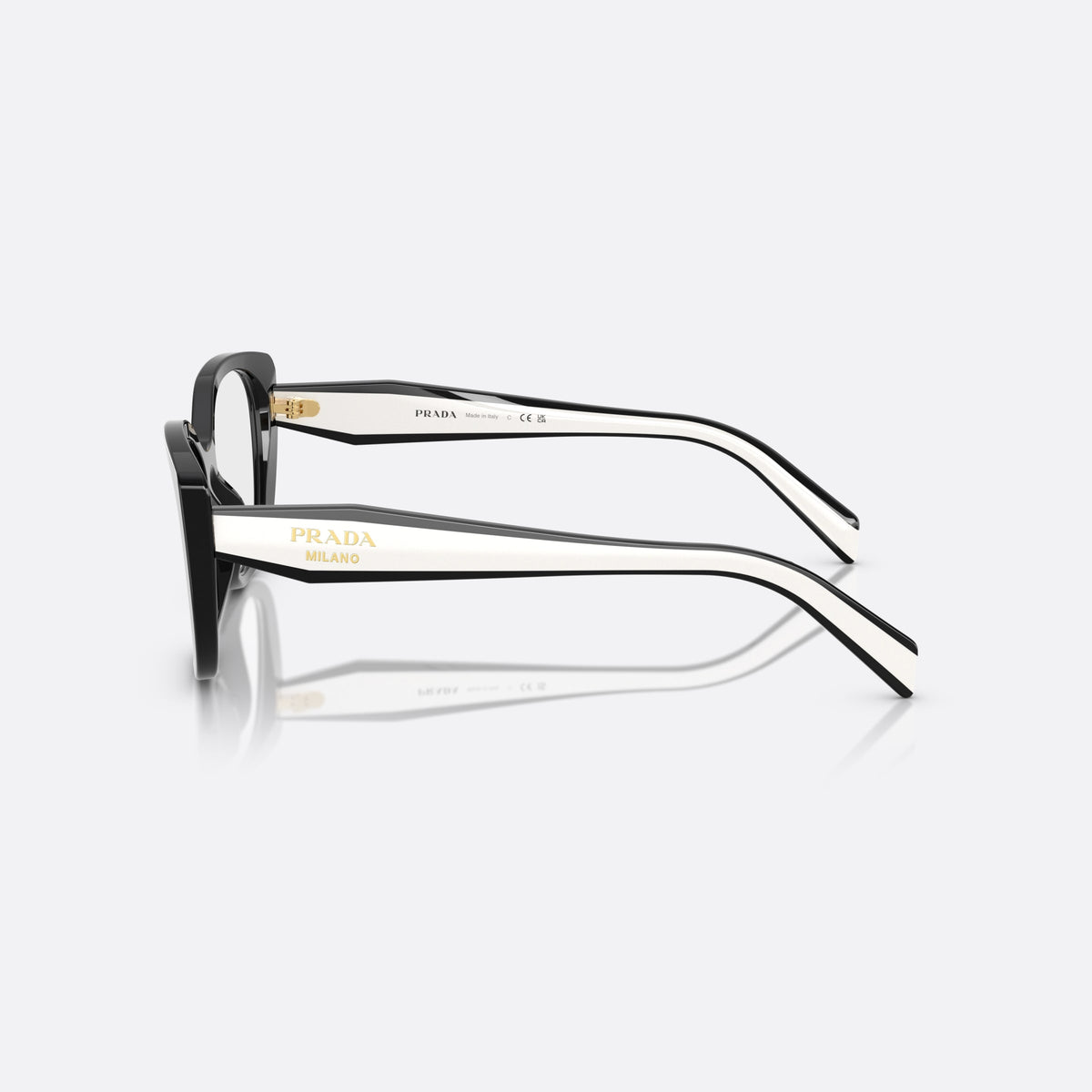 Prada PR B04V 16K1O1 eyeglasses, black visor frame for women, integrated bridge, brand lettering on temples, side view