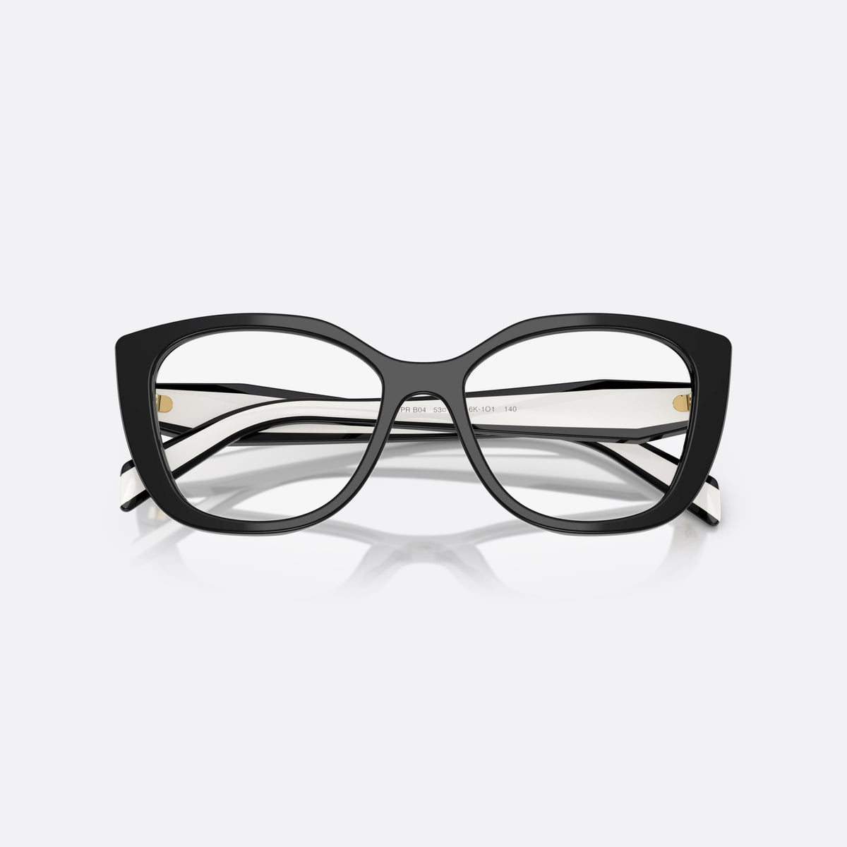 Prada PR B04V 16K1O1 eyeglasses, black visor frame for women, integrated bridge, brand lettering on temples, folded