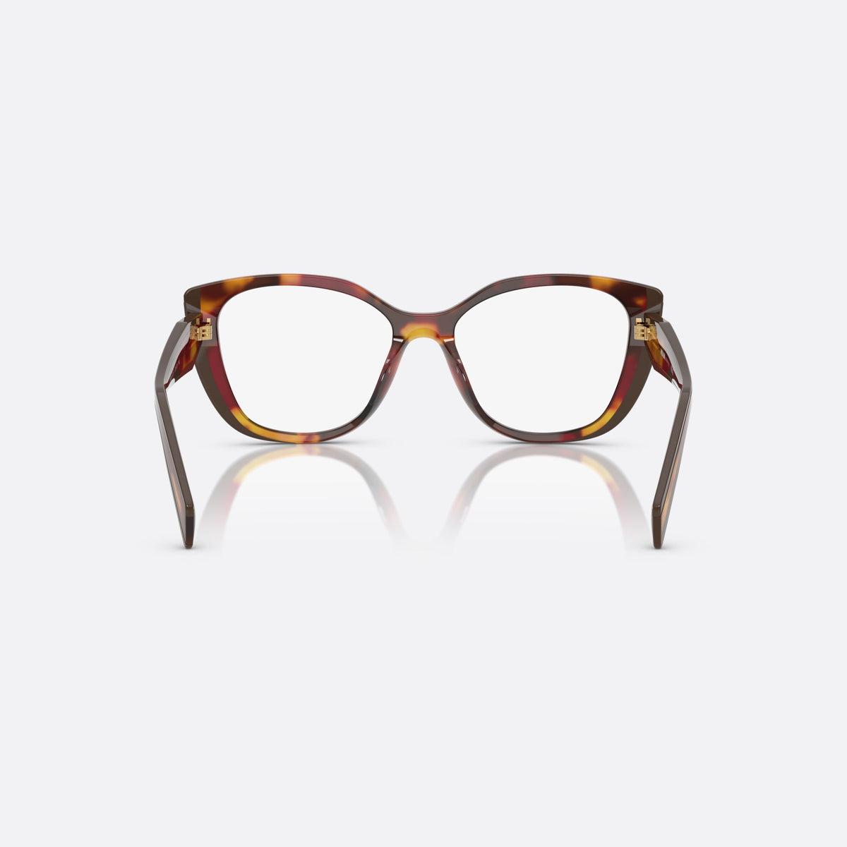 Prada PR B04V 22A1O1 eyeglasses, havana visor frame for women, keyhole bridge, brand lettering on the temples, back view