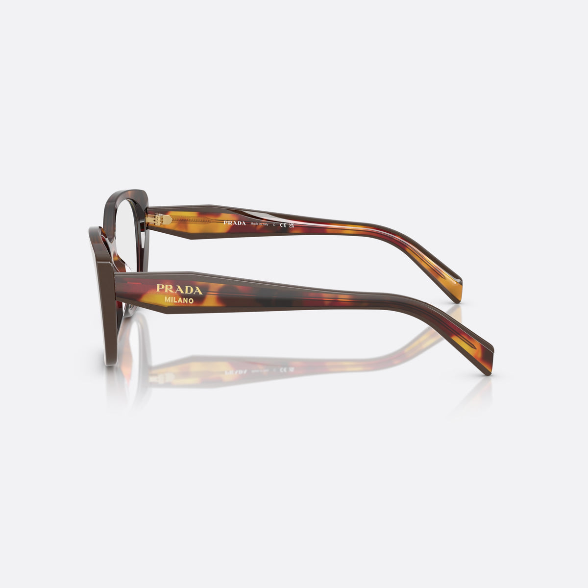 Prada PR B04V 22A1O1 eyeglasses, havana visor frame for women, keyhole bridge, brand lettering on temples, side view