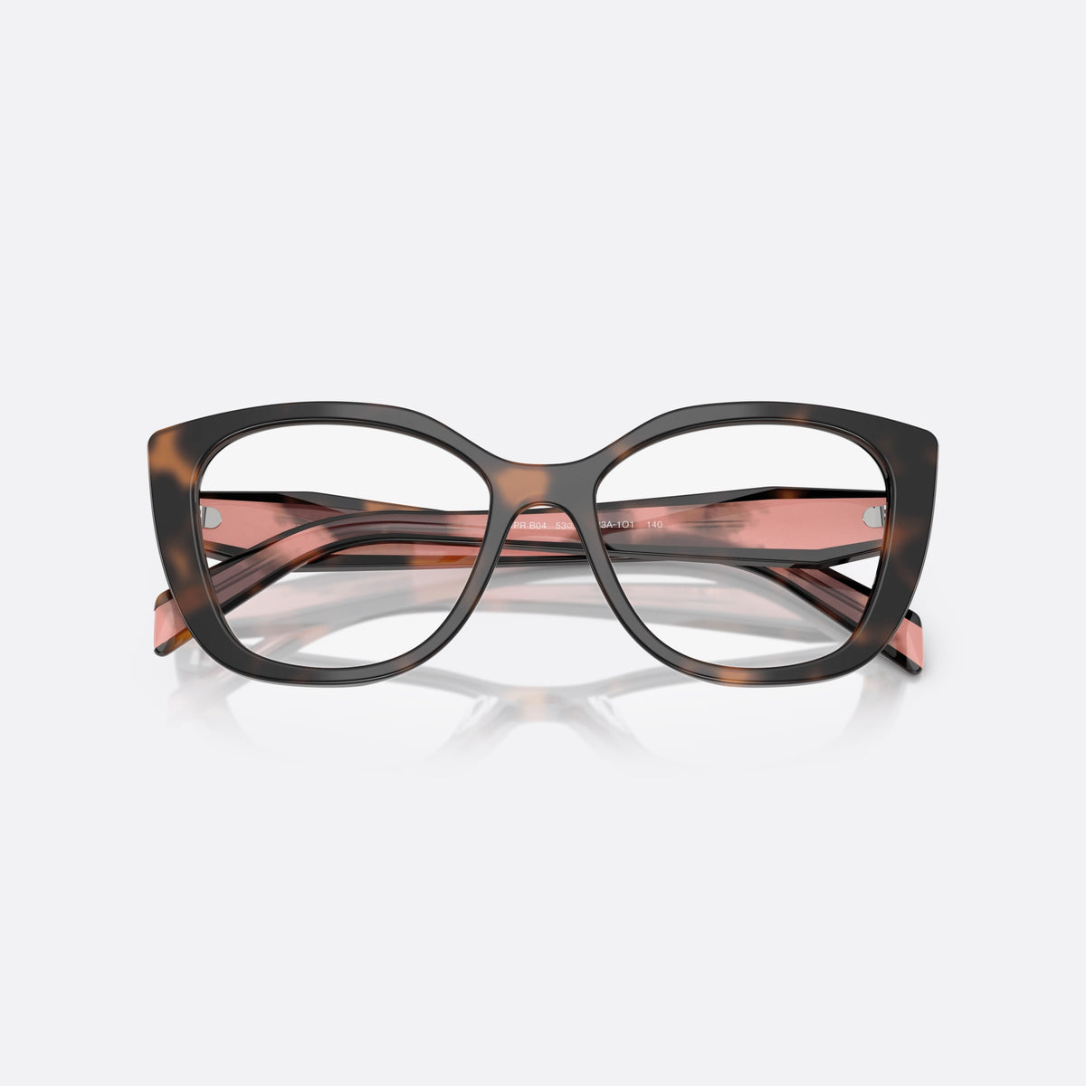 Prada PR B04V 23A1O1 eyeglasses, havana visor frame for women, plain bridge, brand lettering on temples, folded