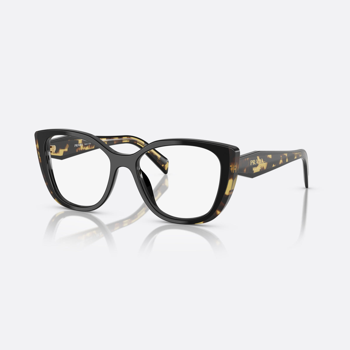Prada PR B04V 3891O1 eyeglasses, black cat eye frame for women, keyhole bridge, brand lettering on temples, full-rim frame