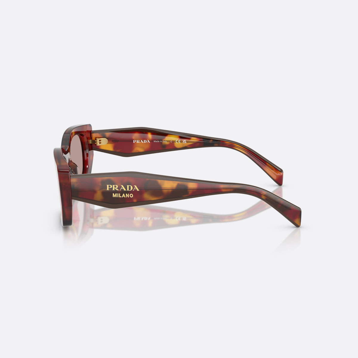 Ochelari de soare Prada PR B05S 22A20I TUBW, patrati maro, pentru femei, punte simplă, litere ale brandului pe brațe, ramă completă, vedere laterală