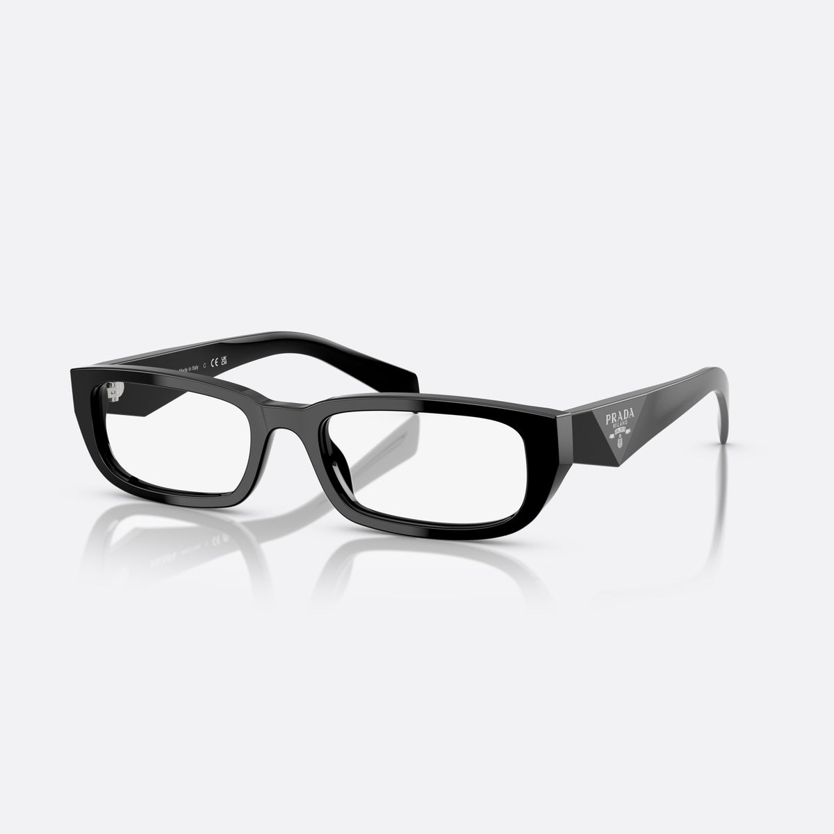 Prada PR B05V 16K1O1 eyeglasses, black visor frame for women, plain bridge, triangular brand logo on temple
