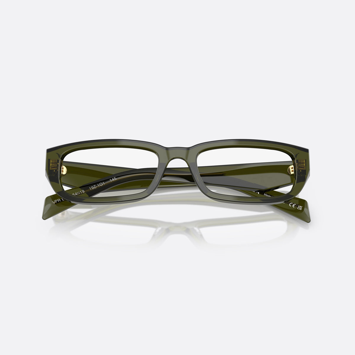 Prada PR B05V 19Z1O1 eyeglasses, green visor frame for women, keyhole bridge, brand lettering on temples, full-rim frame, folded