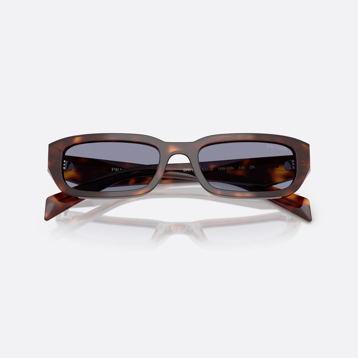 Prada PR B06S 15W03N TOGR sunglasses, brown rectangle frame for women, plain bridge, brand logo on temple plaque, folded