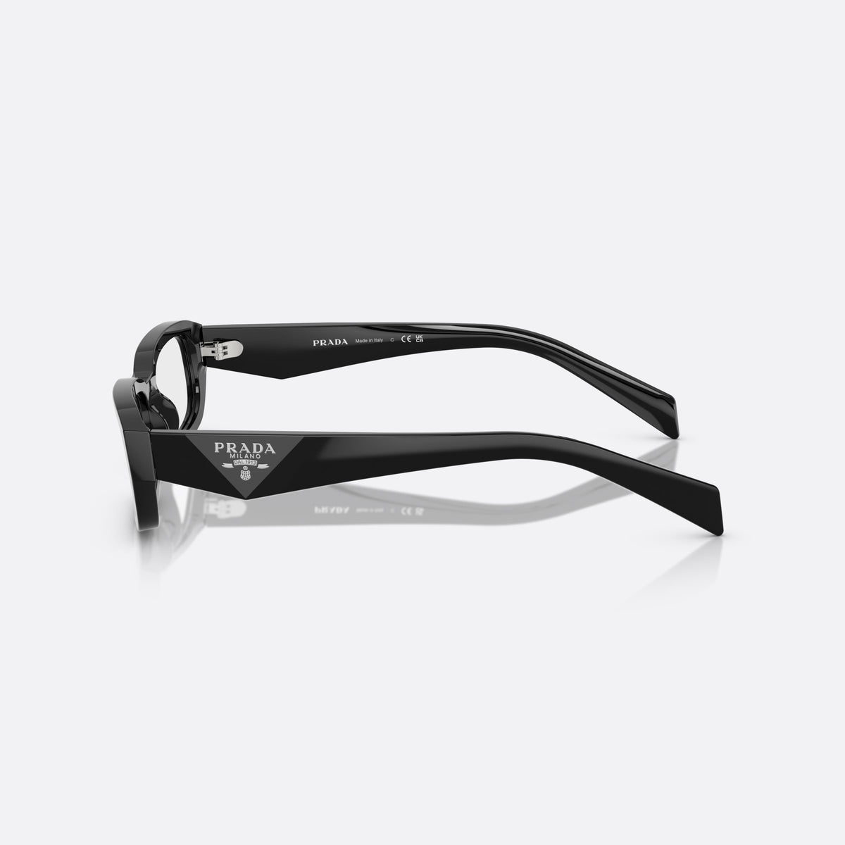 Prada PR B06S 16K08N BL sunglasses, black rectangle frame for women, plain bridge, brand lettering on temples, full-rim frame, side view