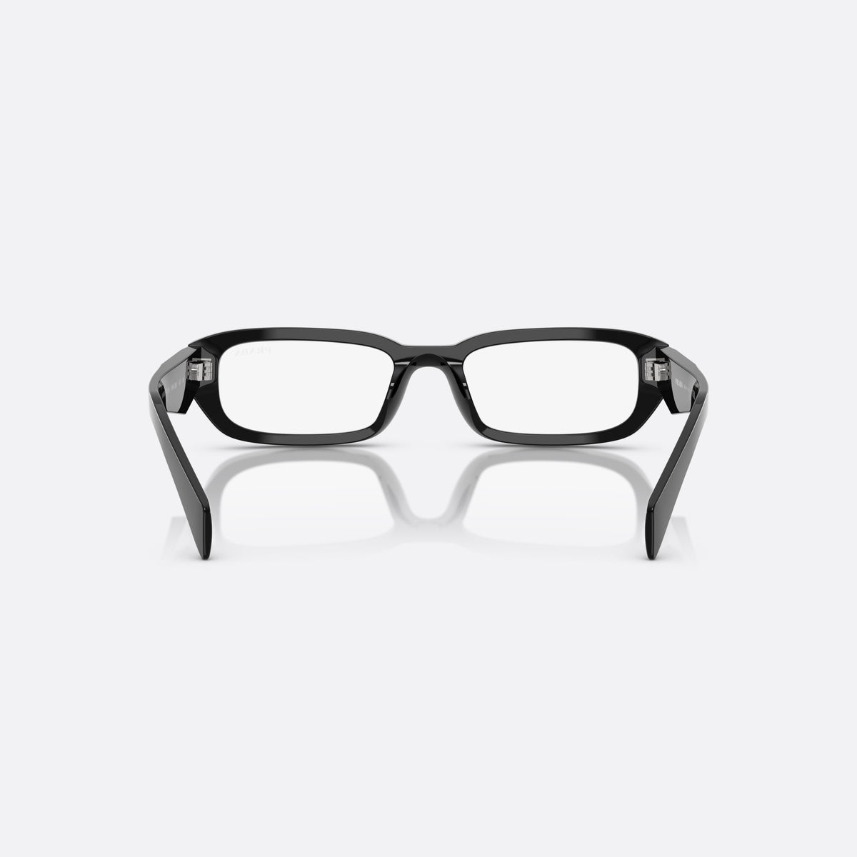 Prada PR B06S 16K08N BL sunglasses, black rectangle frame for women, plain bridge, brand lettering on temples, full-rim frame, back view