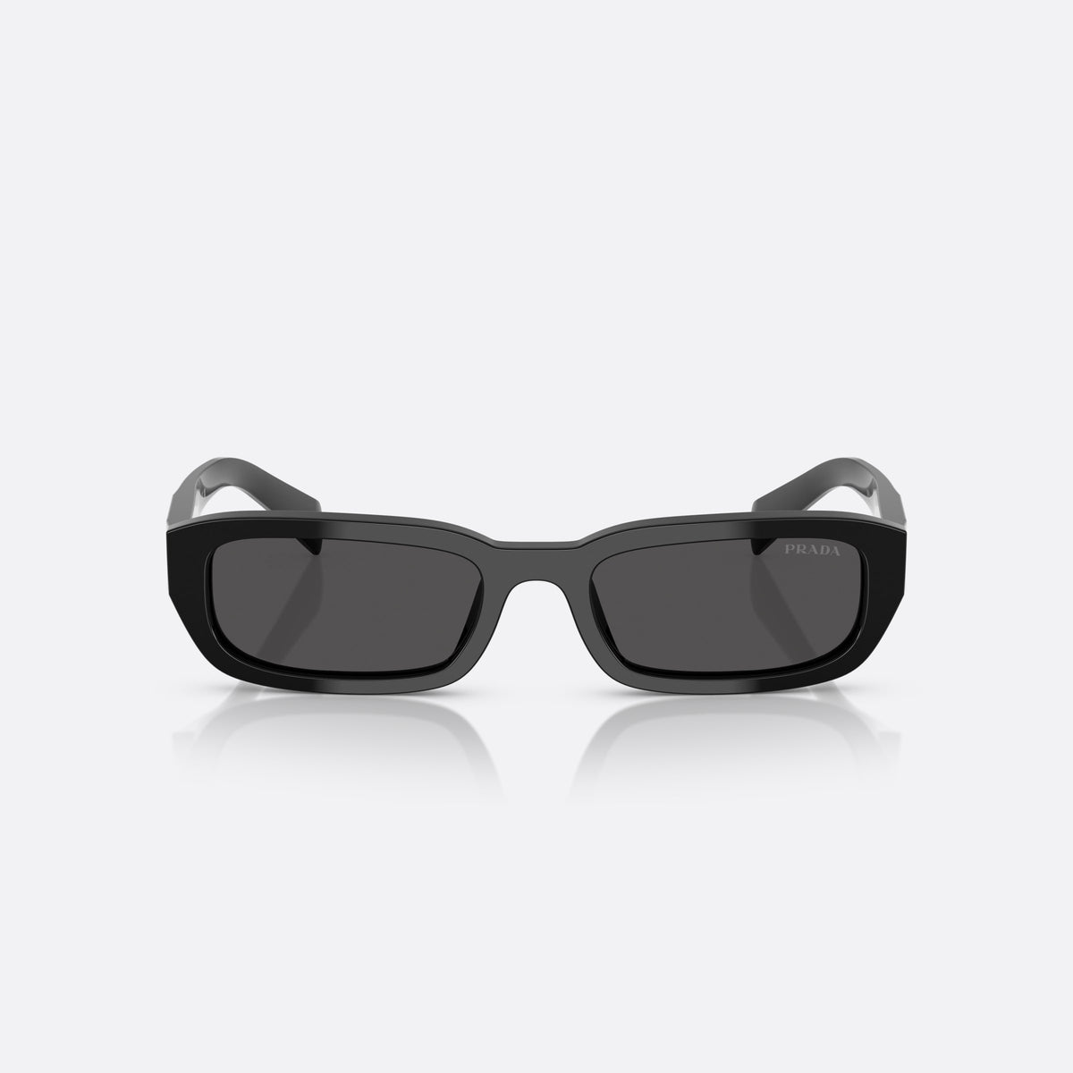 Prada PR B06S 16K08Z BLGR sunglasses, black rectangle frame for women, plain bridge, integrated into frame, wide tapered temples, front view