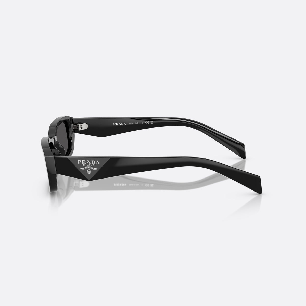 Prada PR B06S 16K08Z BLGR sunglasses, black rectangle frame for women, plain bridge, integrated into frame, wide tapered temples, side view