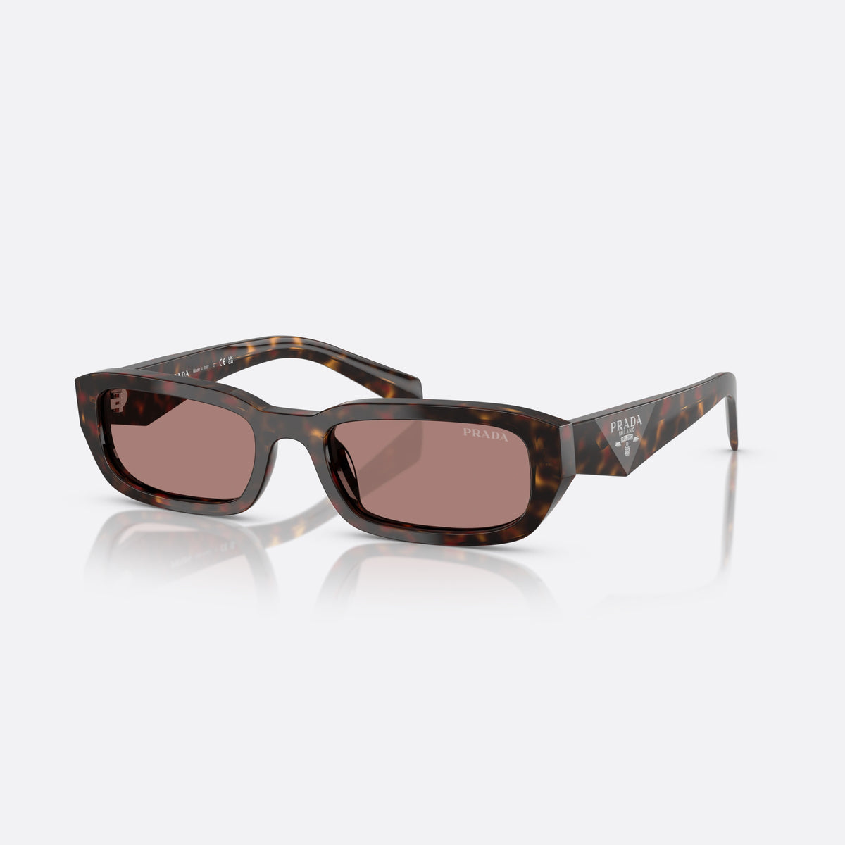 Prada PR B06S 17N60B TOBW sunglasses, brown rectangle frame for women, plain bridge, brand logo plaque on temple