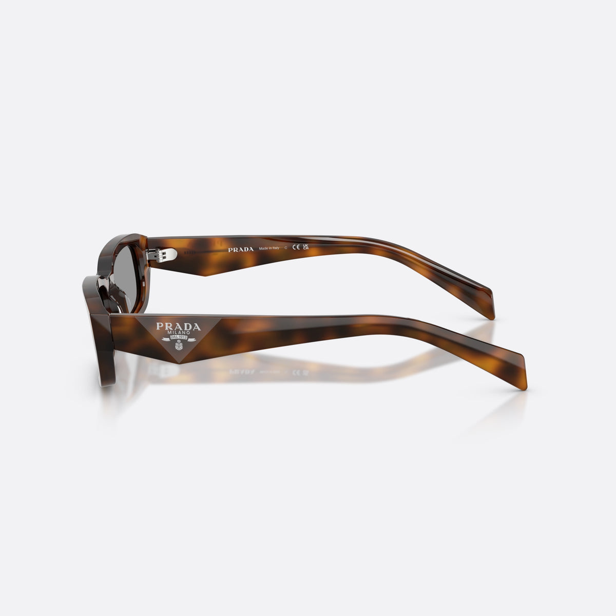 Prada PR B06S 20D50Q sunglasses, havana rectangle frame for women, plain bridge, brand logo plaque on temple, full-rim frame, side view