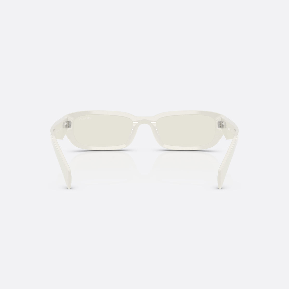 Prada PR B06S 26A40I WHGR sunglasses, white rectangle frame for women, plain integrated bridge, brand logo on temple, back view