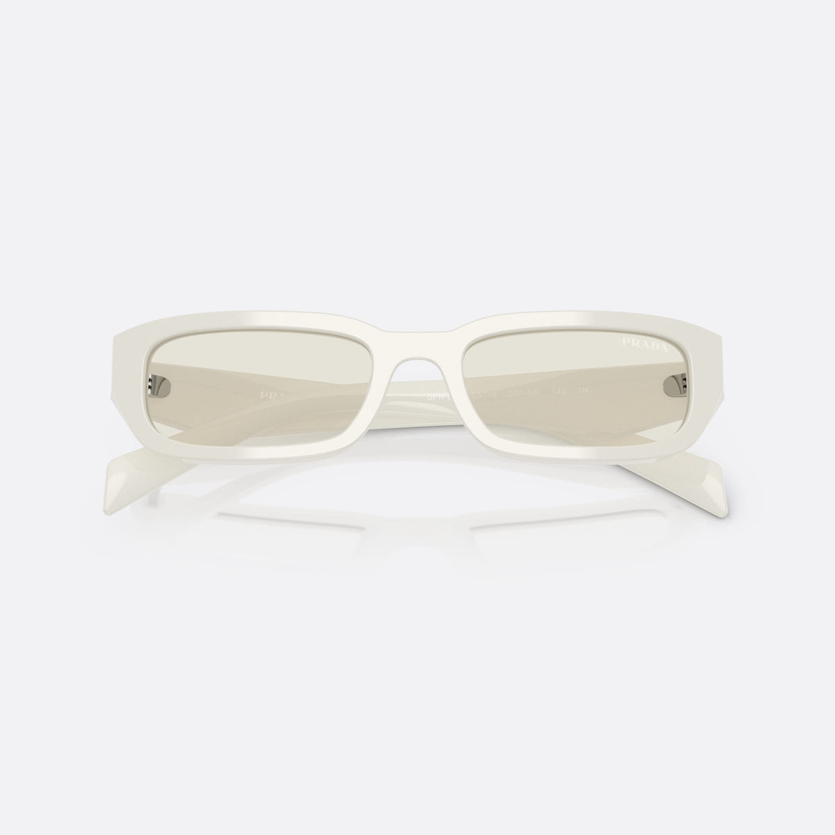 Prada PR B06S 26A40I WHGR sunglasses, white rectangle frame for women, plain integrated bridge, brand logo on temple, folded